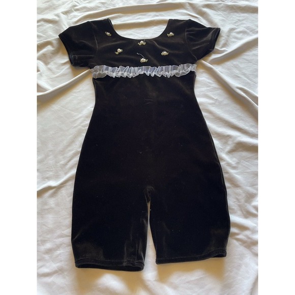 JACQUES MORET Designer Leotard Girls L 10/12 Black Velvet Roses Shorts 80s - Picture 2 of 9